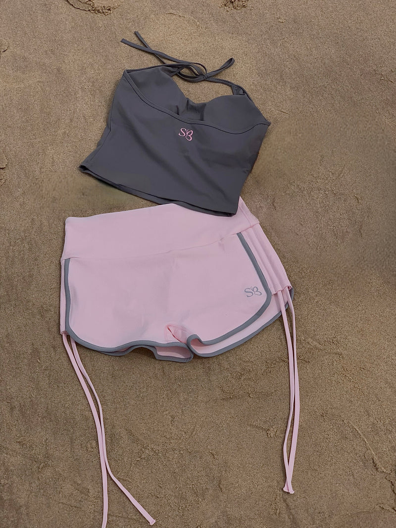 Grey & Pink Contrast Ruched Booty Shorts